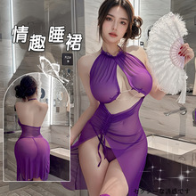 情趣内衣性感魅惑超薄透视开叉纱裙纯欲风挂脖绑带抽褶包臀裙套装