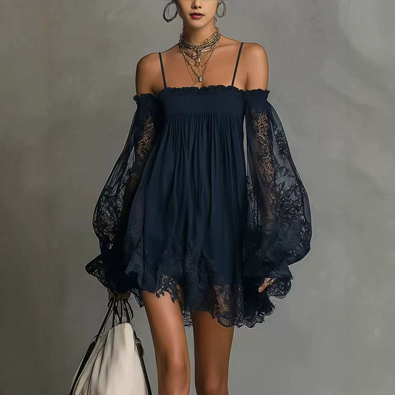 In-Stock European and American Style Sexy Women's Sheer Long-Sleeve Spaghetti Strap Solid Color Elastic Off-Shoulder Lace Dress In-Stock European and American Style Sexy Women's Sheer Long-Sleeve Spaghetti Strap Solid Color Elastic Off-Shoulder Lace Dress