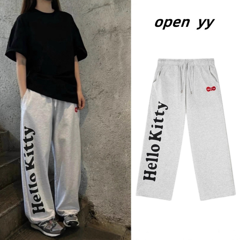 Korean Niche Trendy Brand Openyy Co-Branded Kitty Cat Sweatpants Gray Pants Straight Casual Sports for Men and Women