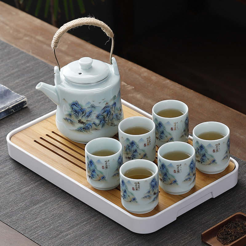 Lingqing Mountain Landscape Waist Flask Tea Set Large Capacity Spout Pot Tea Cups Complete Set with Filter Net Japanese Minimalist Ceramic