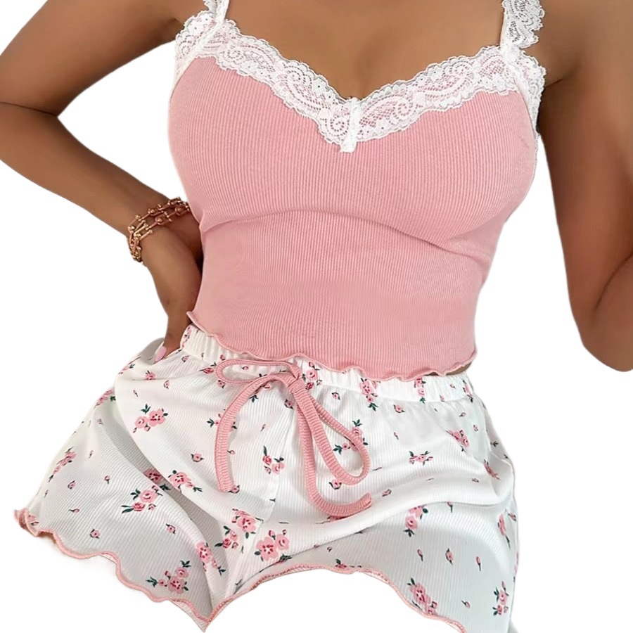 Ensemble pyjama short sans manches avec bordure en dentelle - Vêtements de détente confortables et extensibles pour femmes, vêtements de nuit et tenues d'intérieur, tissu côtelé doux, bretelles réglables_voghion.com