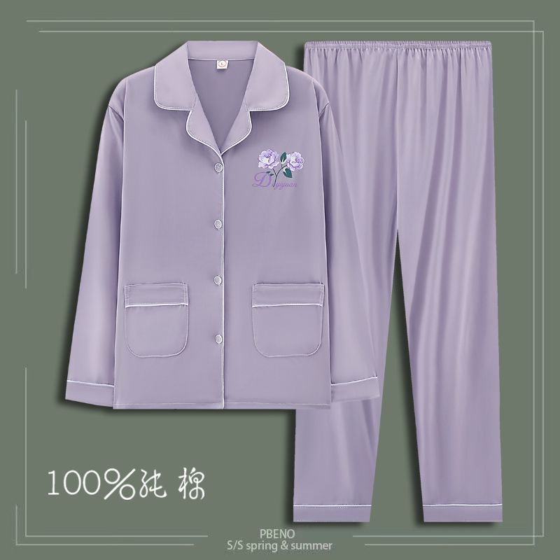 Pijamas de algodón para mujeres primavera y otoño de manga larga cardigan de mediana edad suelta grande se puede usar en el exterior conjunto de ropa de casa