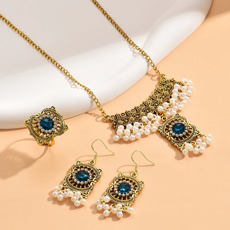 Ethnic fashionable retro necklace from pearl with tassels, earrings, ring, set, boho style, ethnic style, with gem