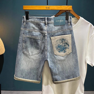 Summer Trendy Half-Cut Straight-Leg Denim Shorts for Men, Ripped Fashion Five-Point Pants, Korean Retro Casual Mid-Length Shorts
