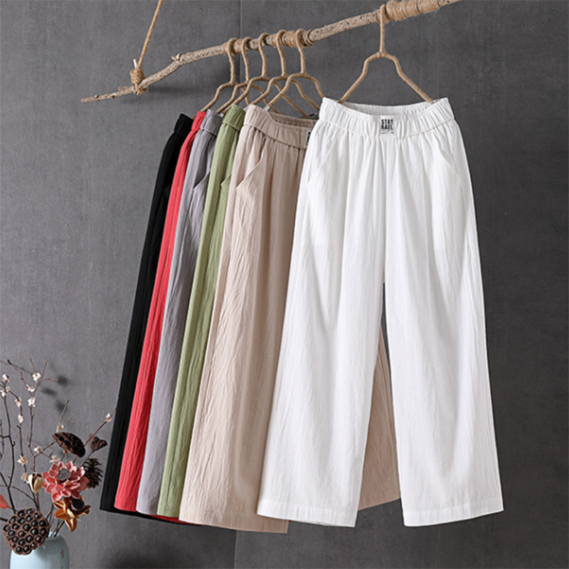 Summer Thin Cotton and Linen Casual Pants Women's Slimming All-match High Waist plus size Loose Middle-aged and Elderly Women's Cropped Wide-leg Pants