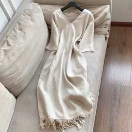 CHAO级推荐!法式优雅 亚麻 纯色V领宽松连衣裙子 流苏廓形长裙女