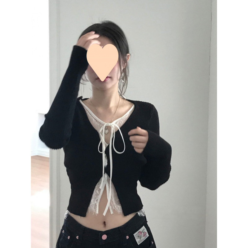 2025年の新型の偽の2つはレースのハスの葉の辺のメリヤスのカーディガンのギャルの風の上着の女性をつなぎ合わせます。|undefined