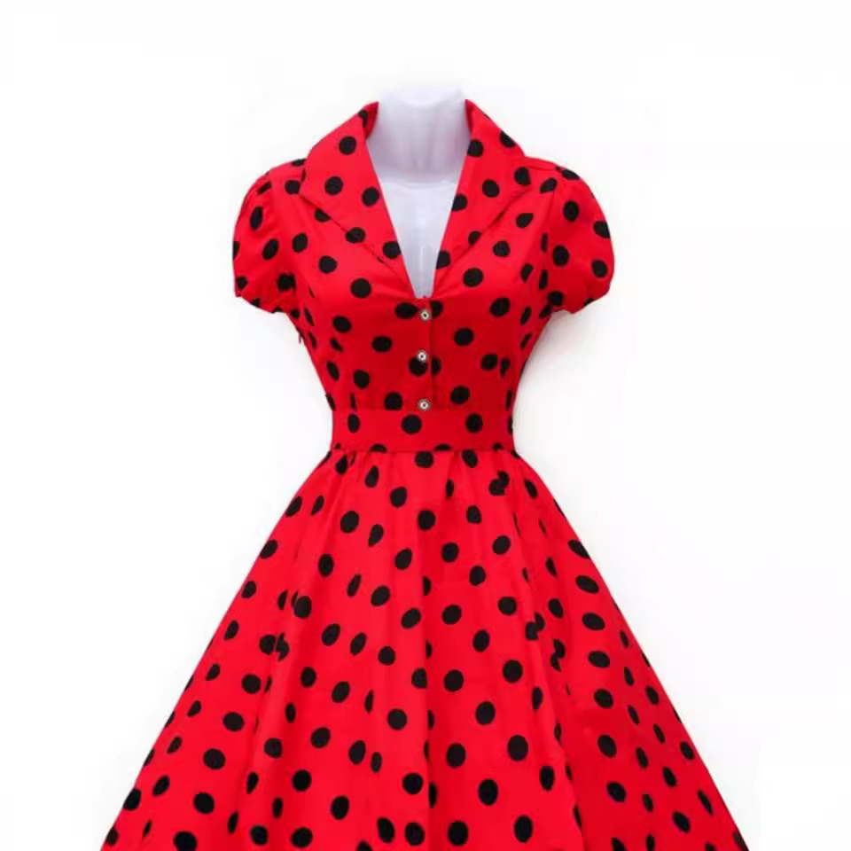 Amazon AliExpress hot sale New lapel short sleeve waist dress retro Bow polka dot short sleeve
