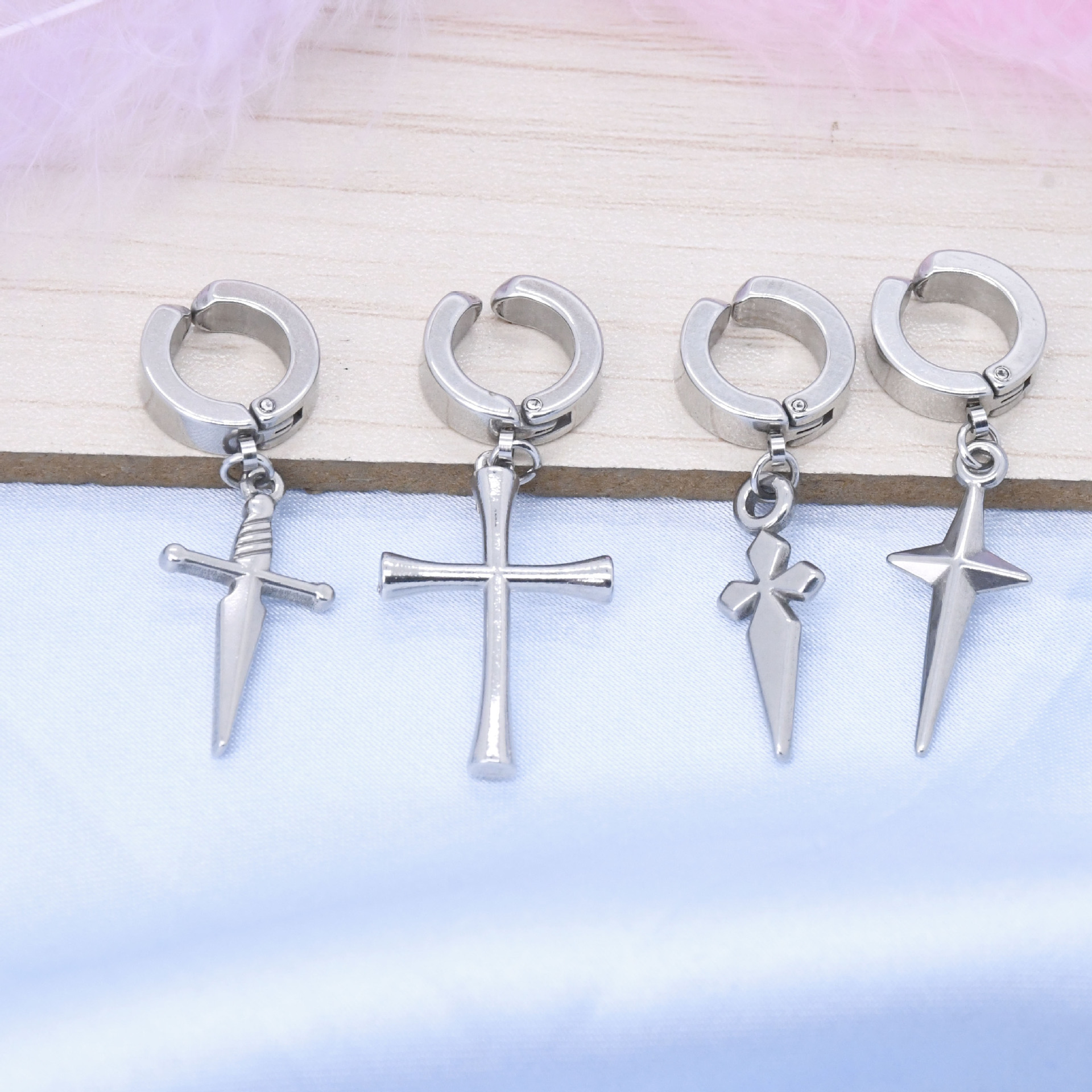 European and American cross-border punk cross stainless steel earrings women's men's fashion simple hip hop jewelry earrings wholesale