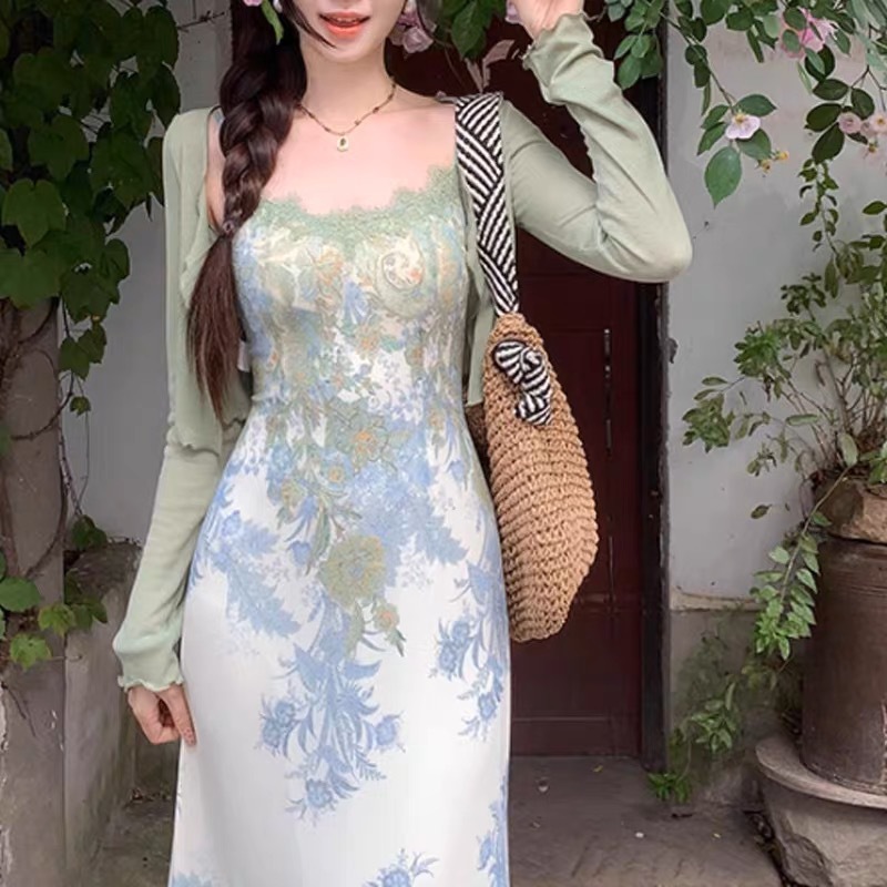 순수한 욕망 스타일 레이스 바느질 인쇄 슬링 원피스 여성 여름 프랑스 스타일 우아한 휴일 긴 원피스 카디건 투피스 세트