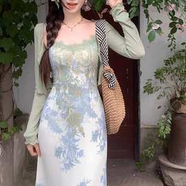 纯欲风蕾丝拼接印花吊带连衣裙女夏法式气质度假长裙开衫两件套
