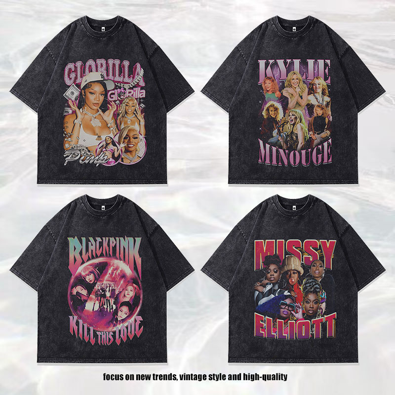 European Size Cotton T-Shirt Cross-Border Print Trendy Brand T-Shirt Half-Sleeve Washed Retro Men's American Vintage Hip-Hop Short