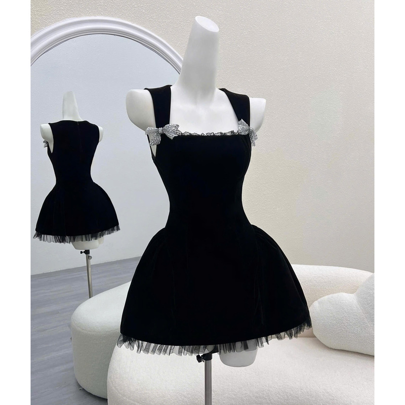 French-Style Elegant Velvet Slip Dress for Women, 2026 New Model, Super Pretty Bowknot Birthday Outfit, Puffy Dress French-Style Elegant Velvet Slip Dress for Women, 2026 New Model, Super Pretty Bowknot Birthday Outfit, Puffy Dress