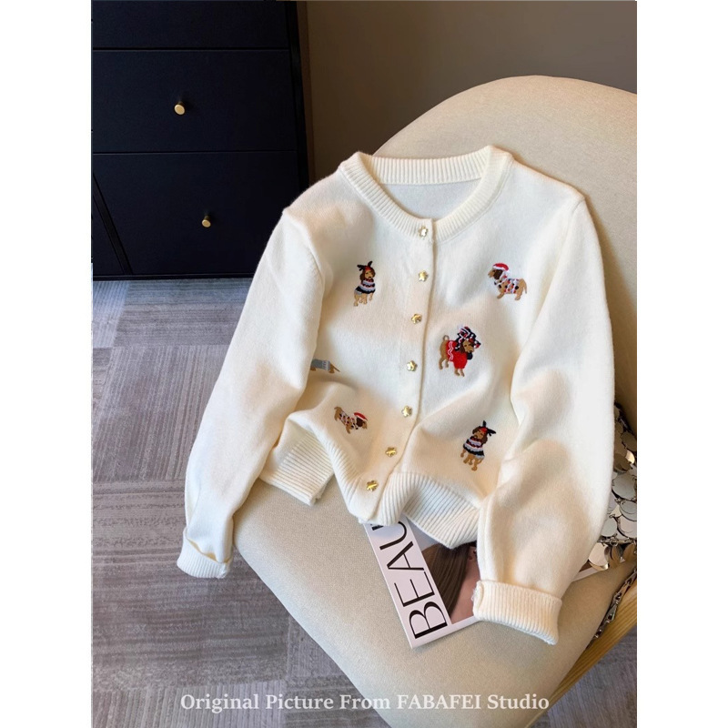 おしゃれレトロクリスマス赤子犬刺繍ニットカーディガン女性デザイン感五角星ボタンセーターコート春秋|undefined