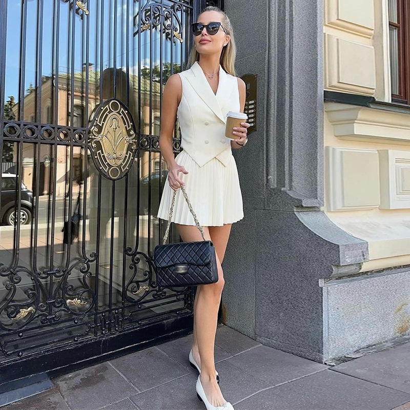 American Cross-Border Women's Clothing 2026 Summer New Style Lapel Pleated Short Skirt Casual Suit with Elegant Temperament