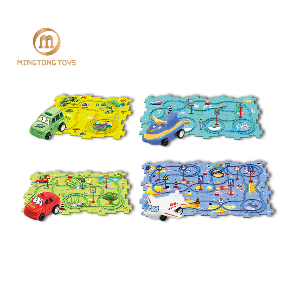 Niños plástico multi-funcional rompecabezas eléctrico coche de ferrocarril mini Road sign rompecabezas ensamblado juguete traje fábrica al por mayor