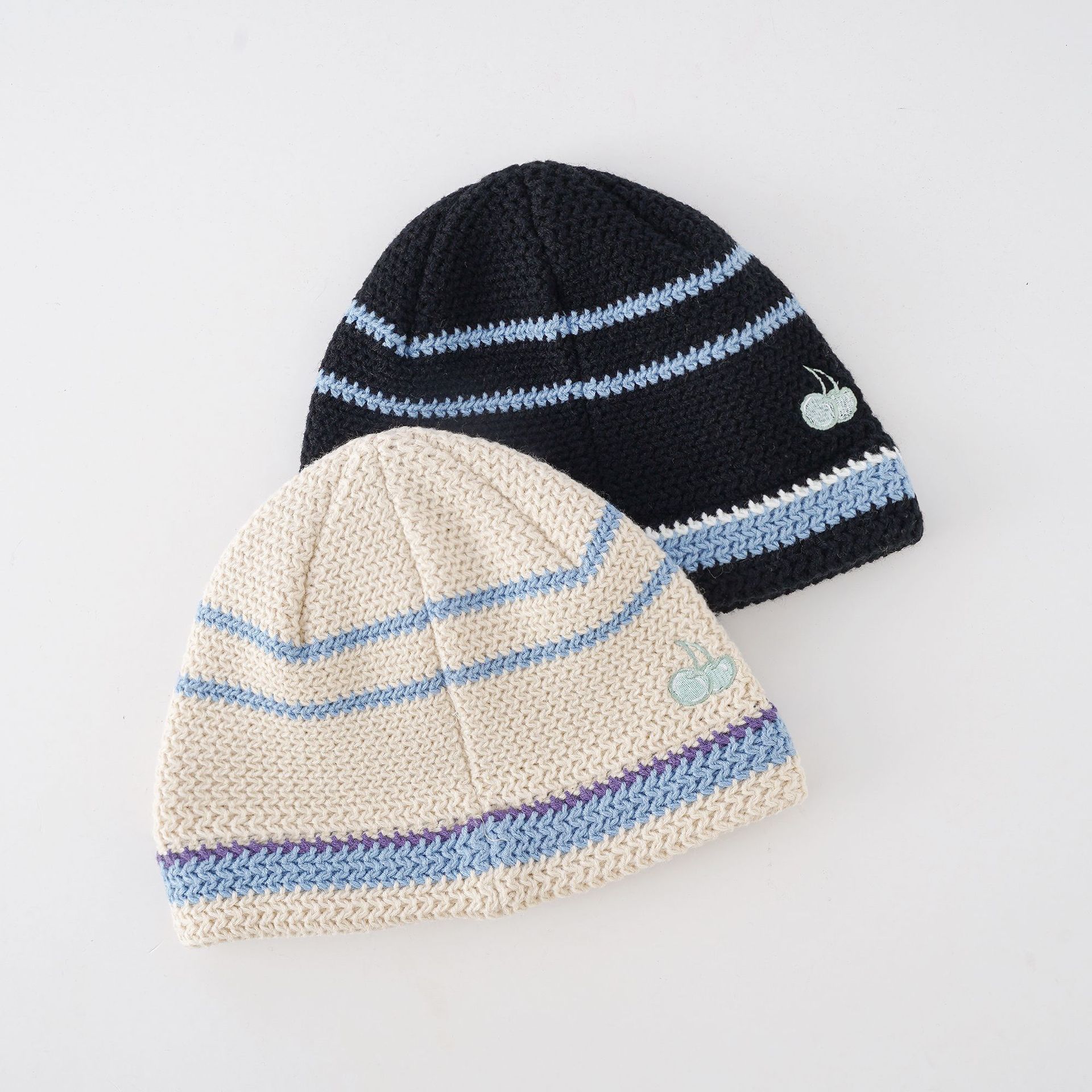 Lindo sombrero de pescador de punto de cereza sombrero de lana a rayas japonés de las mujeres moda gran circunferencia de la cabeza otoño e invierno cálido sombrero de la cuenca