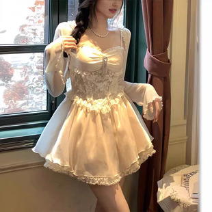 大碼純欲性感蕾絲拼接收腰吊帶連衣裙女春季胖mm甜辣妹蓬蓬公主裙