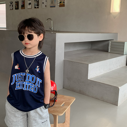 Children's Tops Boys 2024 Summer New Loose Letter Vest Baby Breathable Mesh Contrast Color Basketball Uniform Trendy