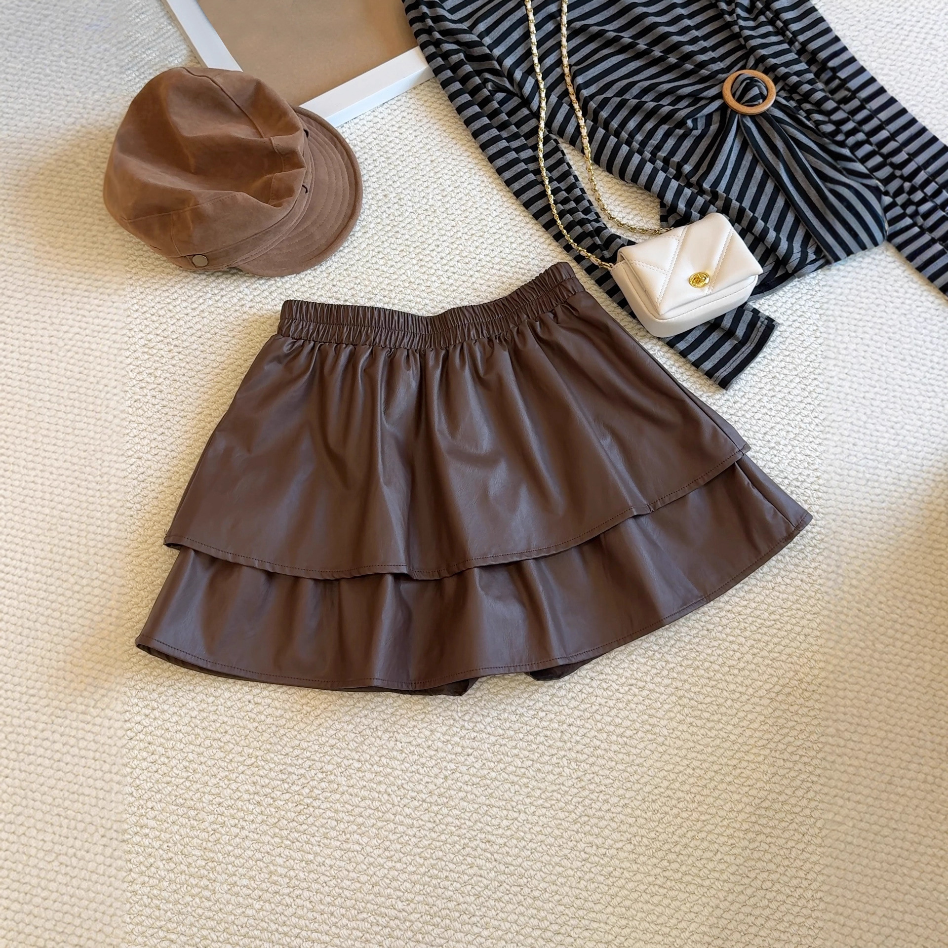 荷叶边小皮裙半身裙女2025秋冬韩版pu皮高腰显瘦a字裙蓬蓬蛋糕裙