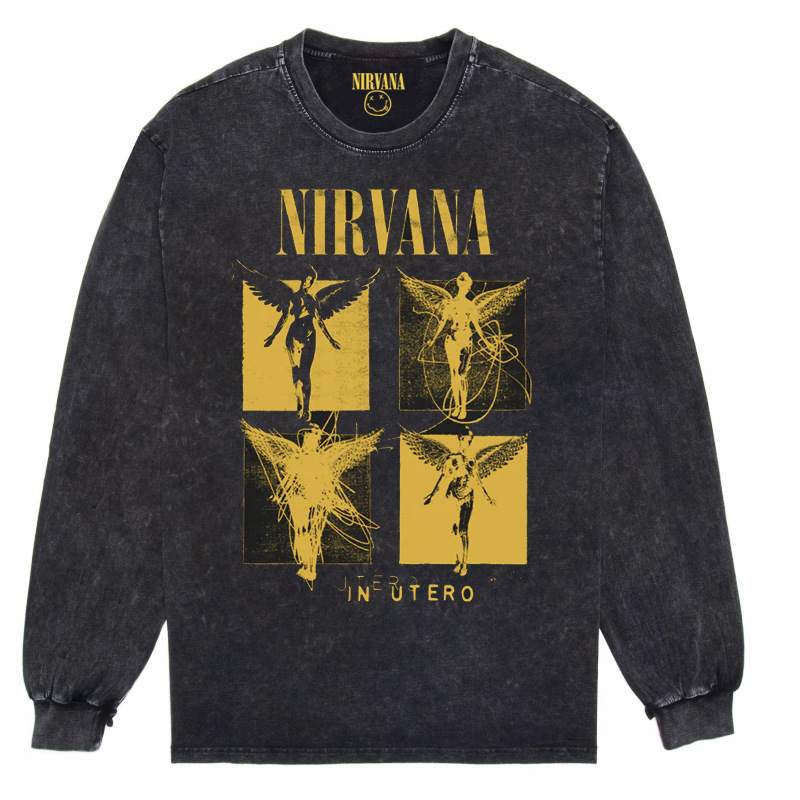 Nirvana Vintage American retro apenado rock punk angustiado lavado batik Camiseta de manga larga