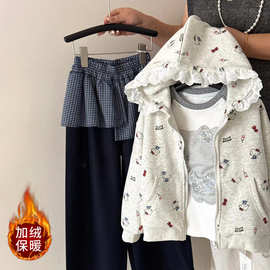 女童冬装加绒一体绒连帽卡通卫衣2025新款中大童韩版洋气拉链外套
