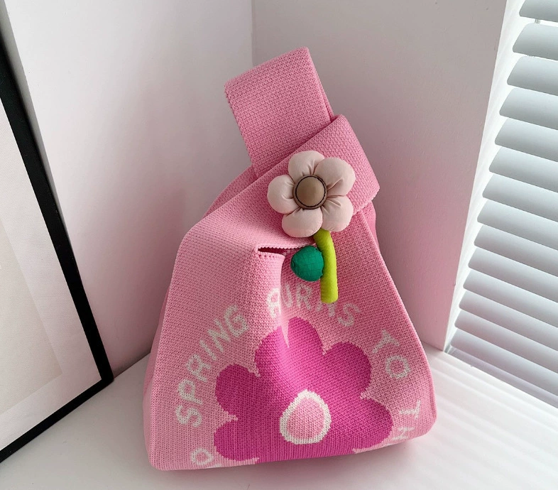 knitted Shoulder Bag, Handheld Linen Tote, Floral applique, 20×35 cm