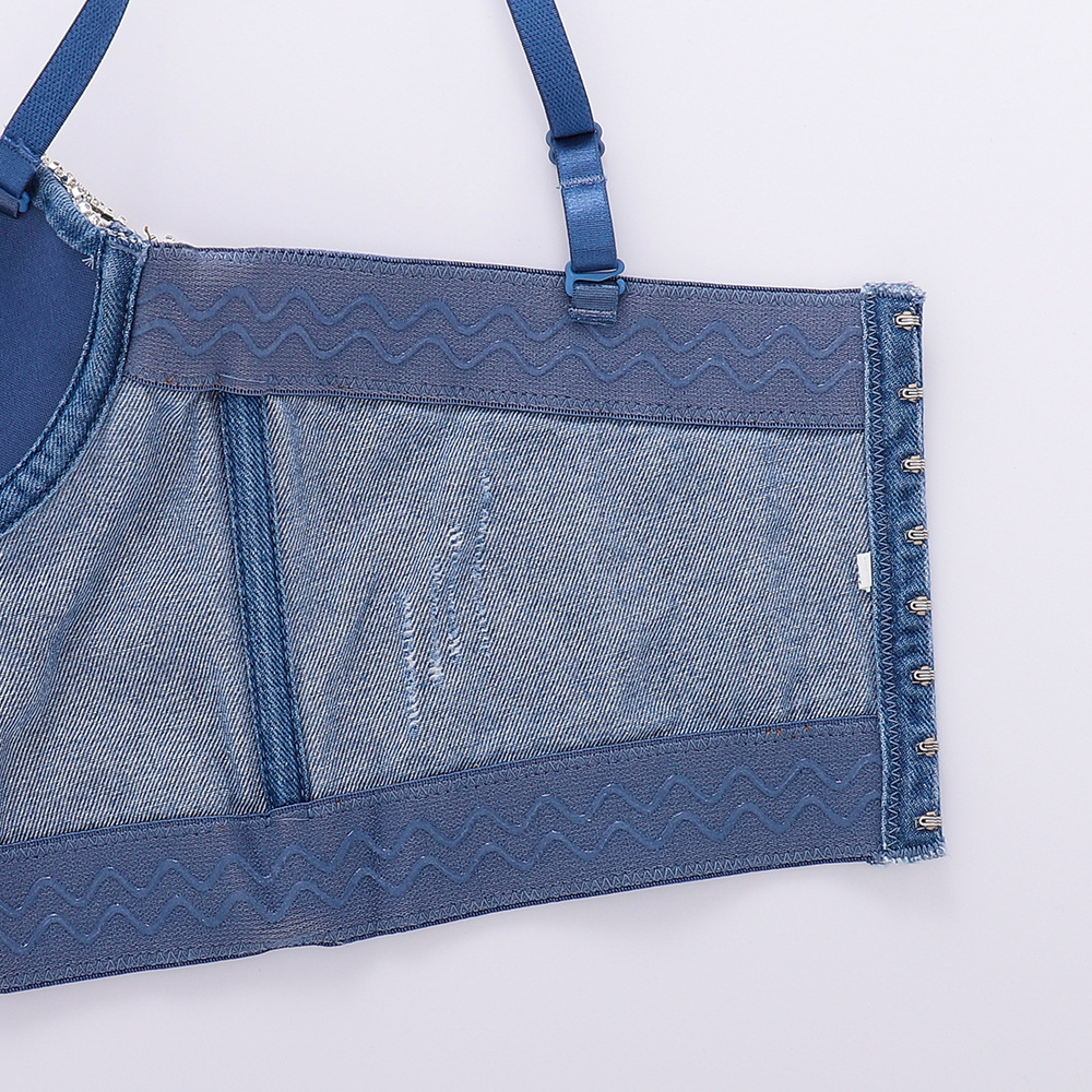 Design bandeau din denim tip fishbone, cu franjuri, bretele cu diamant strălucitor, îmbrăcăminte exterioară, top bungee căptușit pentru femei_voghion.com