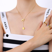 时尚潮流OT扣衔接流苏GoodLuck圆牌项链女镀18真金锁骨链饰品P110