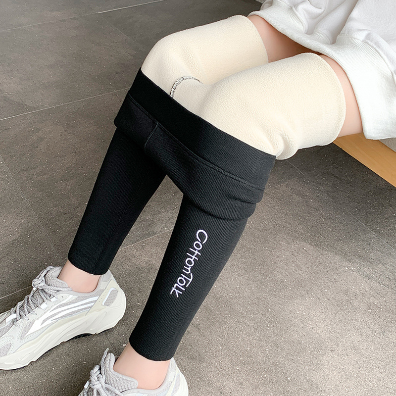 Leggings acanalados de rayas verticales con forro polar grueso, novedad de otoño e invierno para mujer, pantalones cálidos de algodón de cintura alta con letras, transfronterizos.