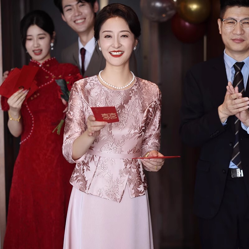 yhfs7846喜婆婆婚宴装礼服裙2025秋季新款年轻妈妈粉红色连衣裙女|undefined
