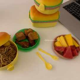 ZQ馨帮帮杂货铺 趣味汉堡便当盒野餐盒学生儿童可爱双层饭盒带叉