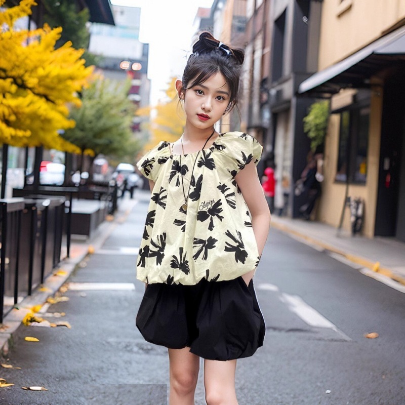 Vestito estivo per ragazze 2024, nuovi pantaloncini a lanterna a maniche corte per bambini di medie dimensioni, celebrità di Internet, elegante set da due pezzi_voghion.com