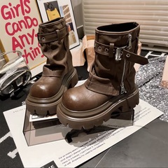 2025新款厚底马丁靴增高8CM秋季百搭爆款皮带扣复古风时尚短靴女