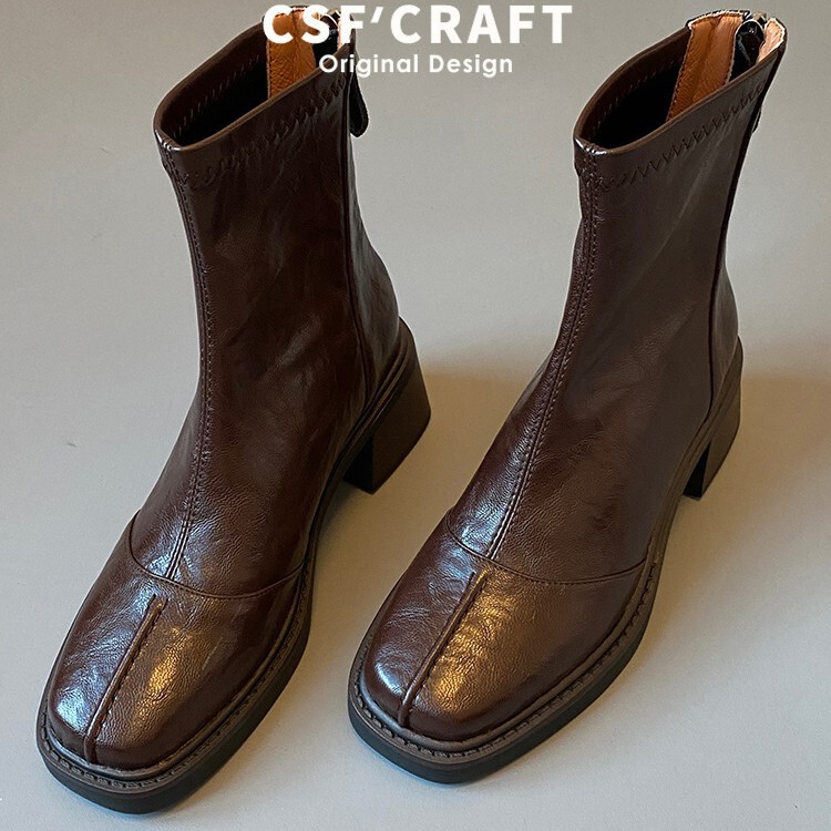 Cowhide~Soft Leather Slim Boots Retro High-Heeled Women's Short Boots Square Toe Elastic Boots Autumn and Winter Pleated Texture Commuter Inner Boots