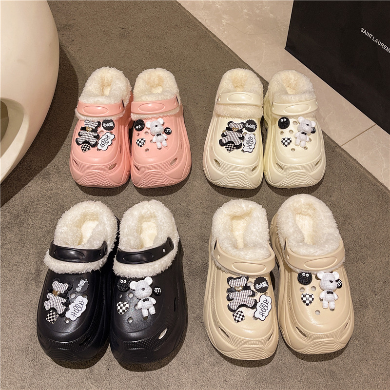 Women's High-Heeled 10cm Clogs Fleece-Lined Cotton Sandals and Slippers Warm Eva Non-Slip Cotton Shoes Cartoon Popular Cotton Slippers