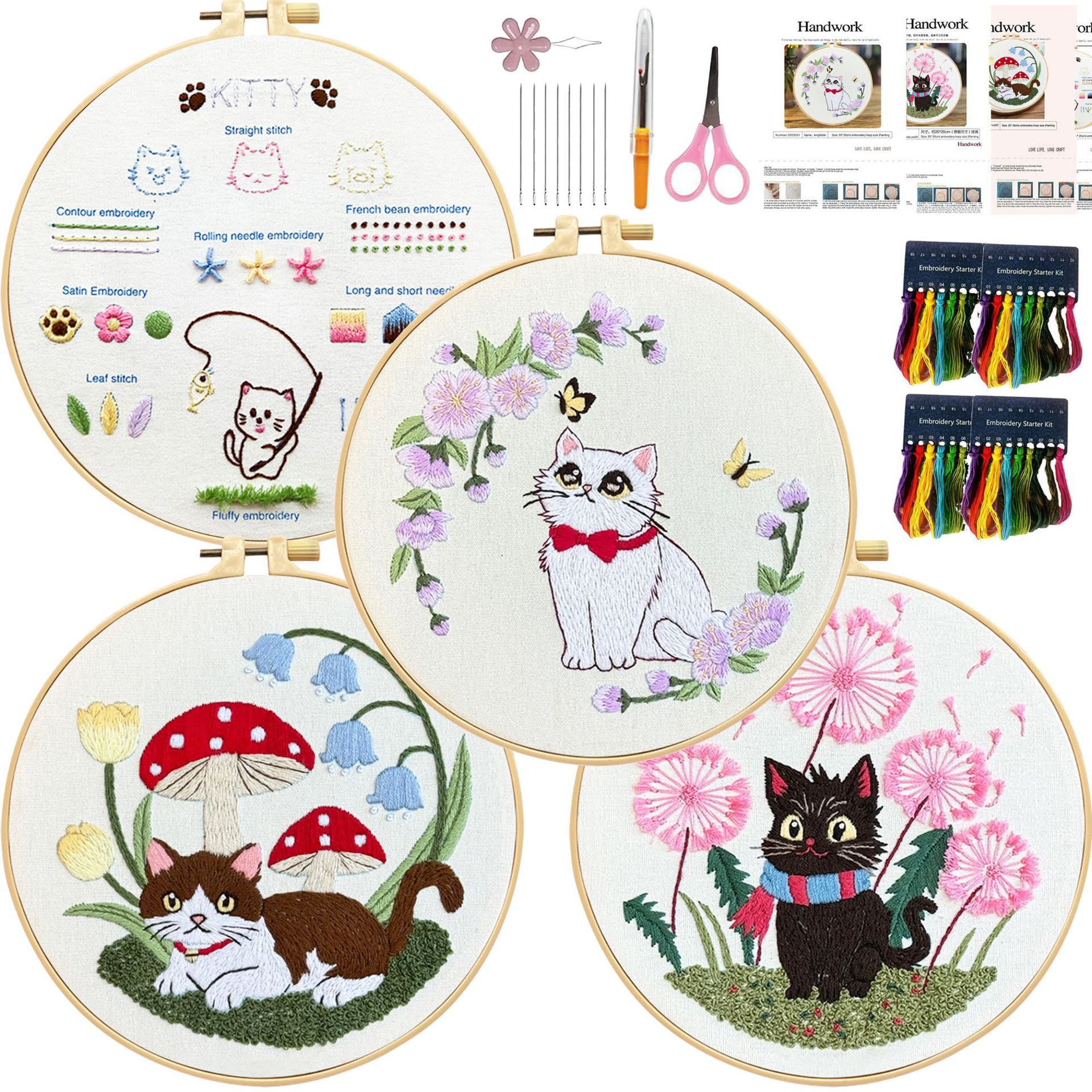 Kit de bordado de gatos Lu bordado novato paquete de materiales básicos diy inglés dibujos animados paquete de ejercicios creativo para niños cuelgan pinturas