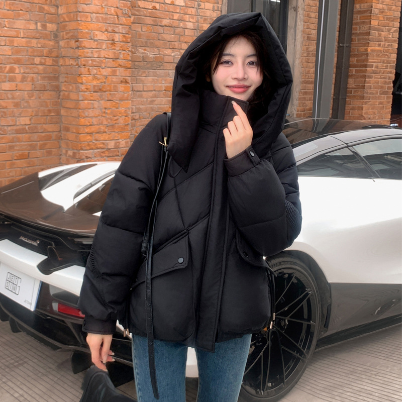 女性用ライブブロードキャストショートダウンコットンジャケット2025冬新作ファッショナブルでスタイリッシュな小柄な人向けフード付き厚手コットンジャケット|undefined
