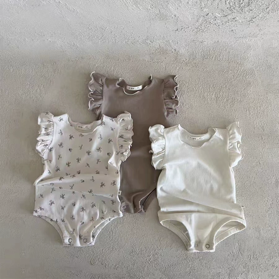 Korean-style Summer Baby's Thin Stretch Floral Solid Color Short-sleeved Jumpsuit Women's Baby's Small Flying-sleeved Lotus Leaf Jumpsuit