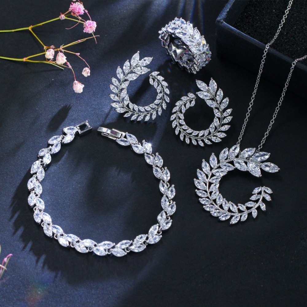 Cross-border Korean leaf bride wedding suit with high-grade zircon necklace earring ring bracelet four-piece set