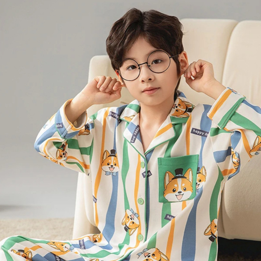 Boys' Cotton Pajamas Spring and Autumn Long-Sleeved Long Pants Set for Older Children Boys Cardigan Loungewear Can Be Worn Outside