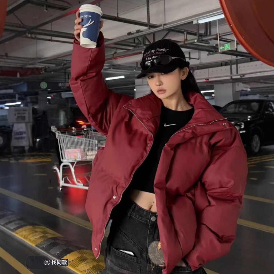 [LI CHEN NIC 같은 스타일] 스탠드 칼라 짧은 PU 코튼 패딩 재킷 느슨한 패션 캐주얼 조커 커플 트렌드 따뜻한