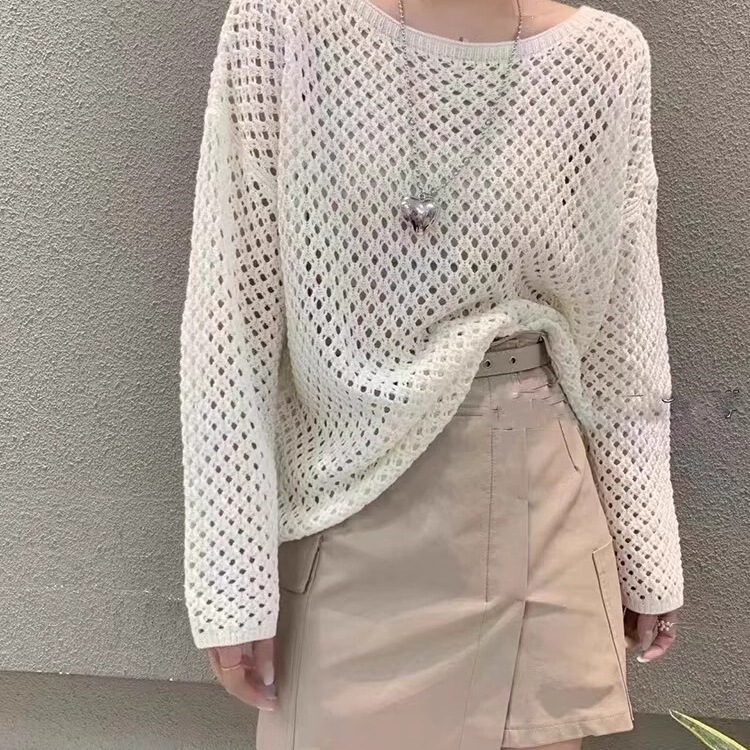 2026 New Summer Thin Loose Niche Hollow-Out Shirt Top Korean Style Hollow-Out Design Long-Sleeve Knitwear for Women 2026 New Summer Thin Loose Niche Hollow-Out Shirt Top Korean Style Hollow-Out Design Long-Sleeve Knitwear for Women