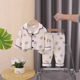 新款睡衣童装卡通双层棉纱水洗长袖开襟宽松舒适可外穿家居服套装