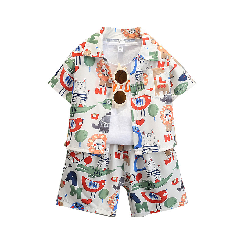 7306 Traje de camisa estilo playa para niños Vestido de verano de manga corta Camisa guapa Pantalones cortos Traje de tres piezas para niños junto al mar