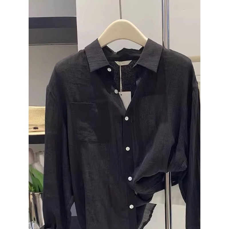 实价现货法式黑色天丝防晒衬衫女夏季亚麻薄款衬衣宽松慵懒上衣夏|undefined