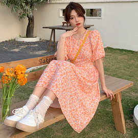 实拍夏季新款钉珠领橘色碎花连衣裙淑女泡泡袖短袖裙子