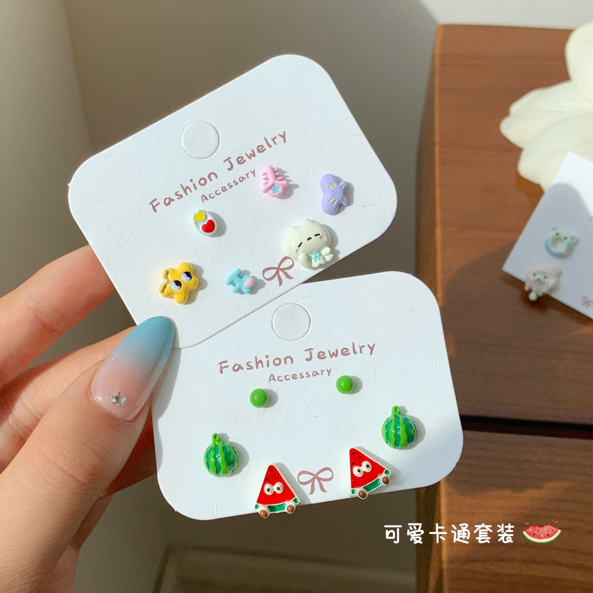 cartoon new cute watermelon earrings for girl girl heart silver needle small exquisite student three-piece set fruit earrings