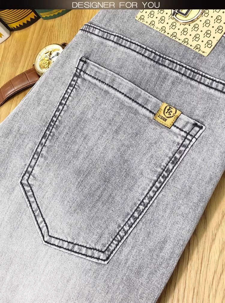 Trendy Men's Light Gray Jeans Slim Fit Straight Leg Long Pants Spring_mkmklike.com