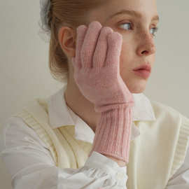 精选100%高毛条纯羊毛手套女冬季柔软纯色可触屏五指针织韩系手套